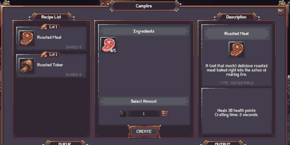 Campfire recipe, ingredients, quantity and CREATE controls